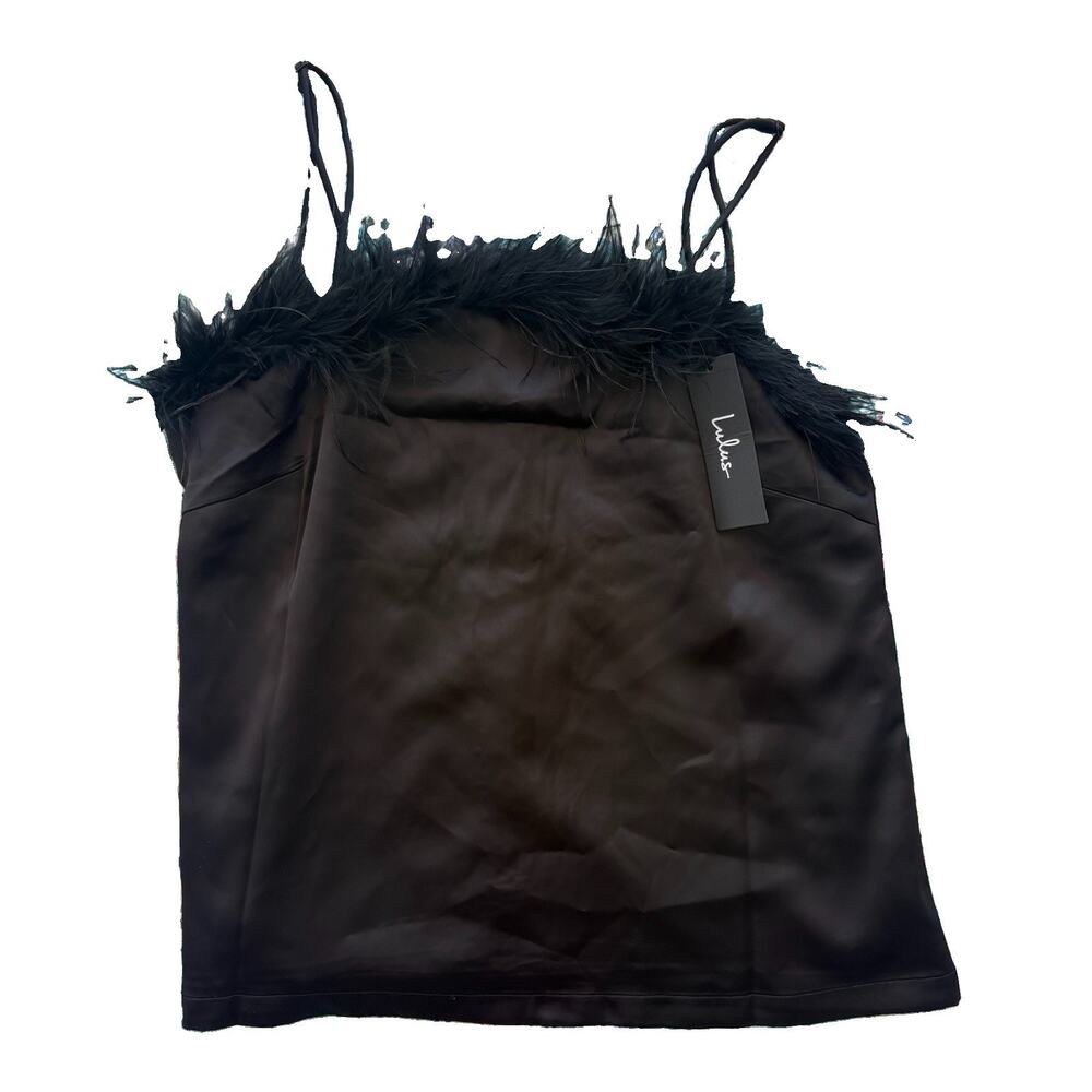Lulu’s NWT Black Ostrich Feather Silky Tank Top Blouse Women’s Small